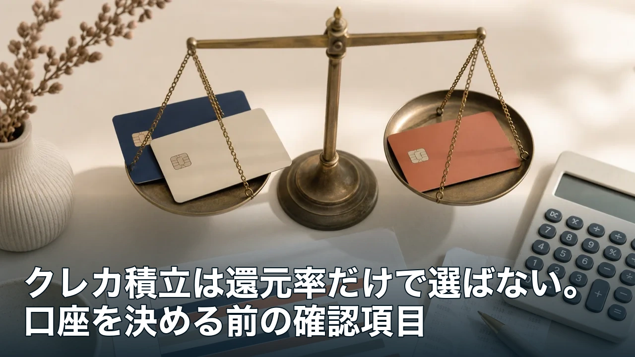 二枚のカードを天秤に載せ、電卓でクレカ積立の条件を比べる様子