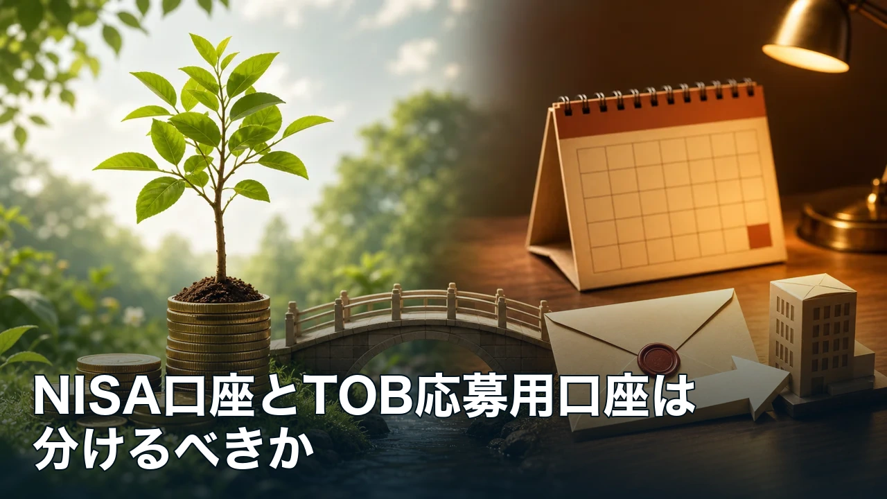 NISAの長期運用とTOBの期限付き手続きを橋で分けた図