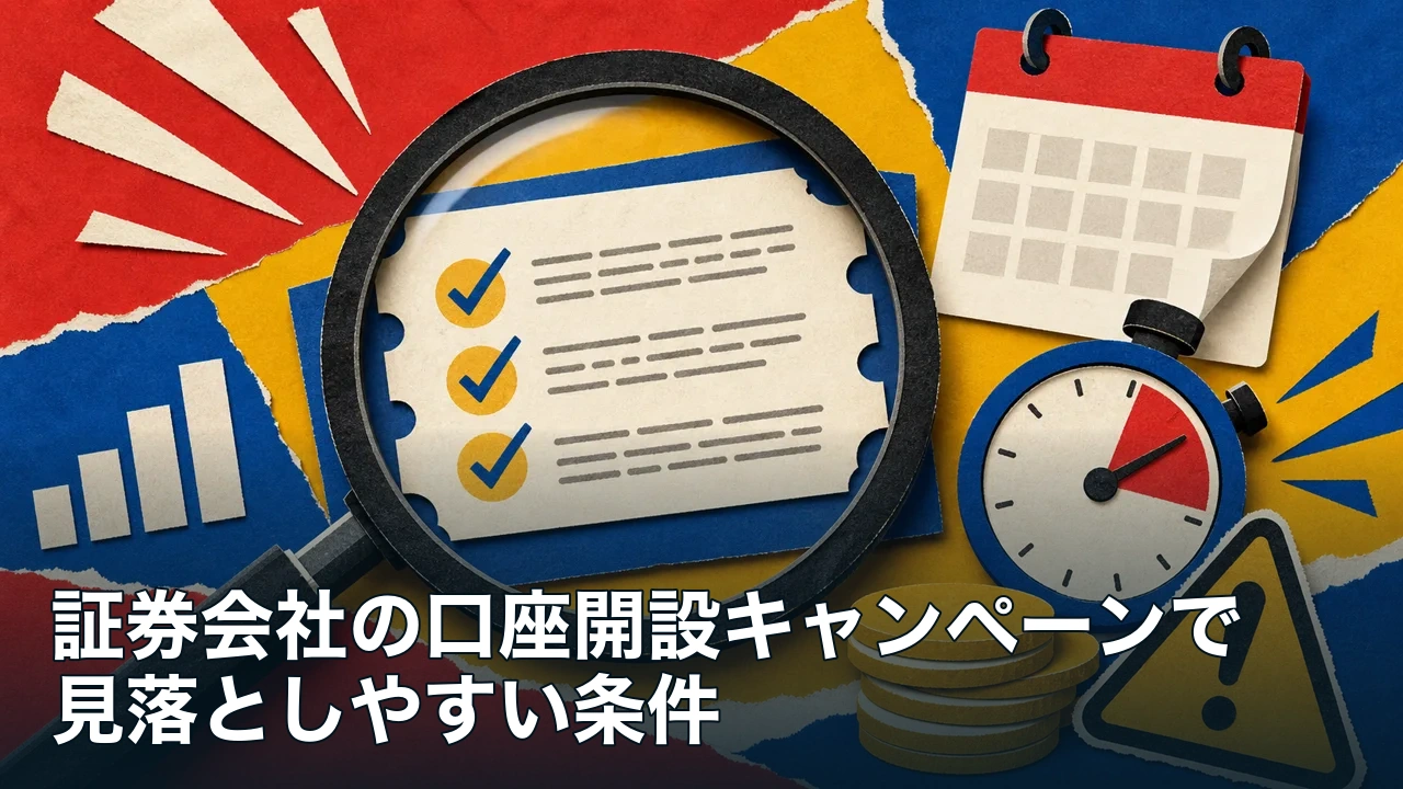 証券口座キャンペーンの条件と期限を虫眼鏡で確認する図